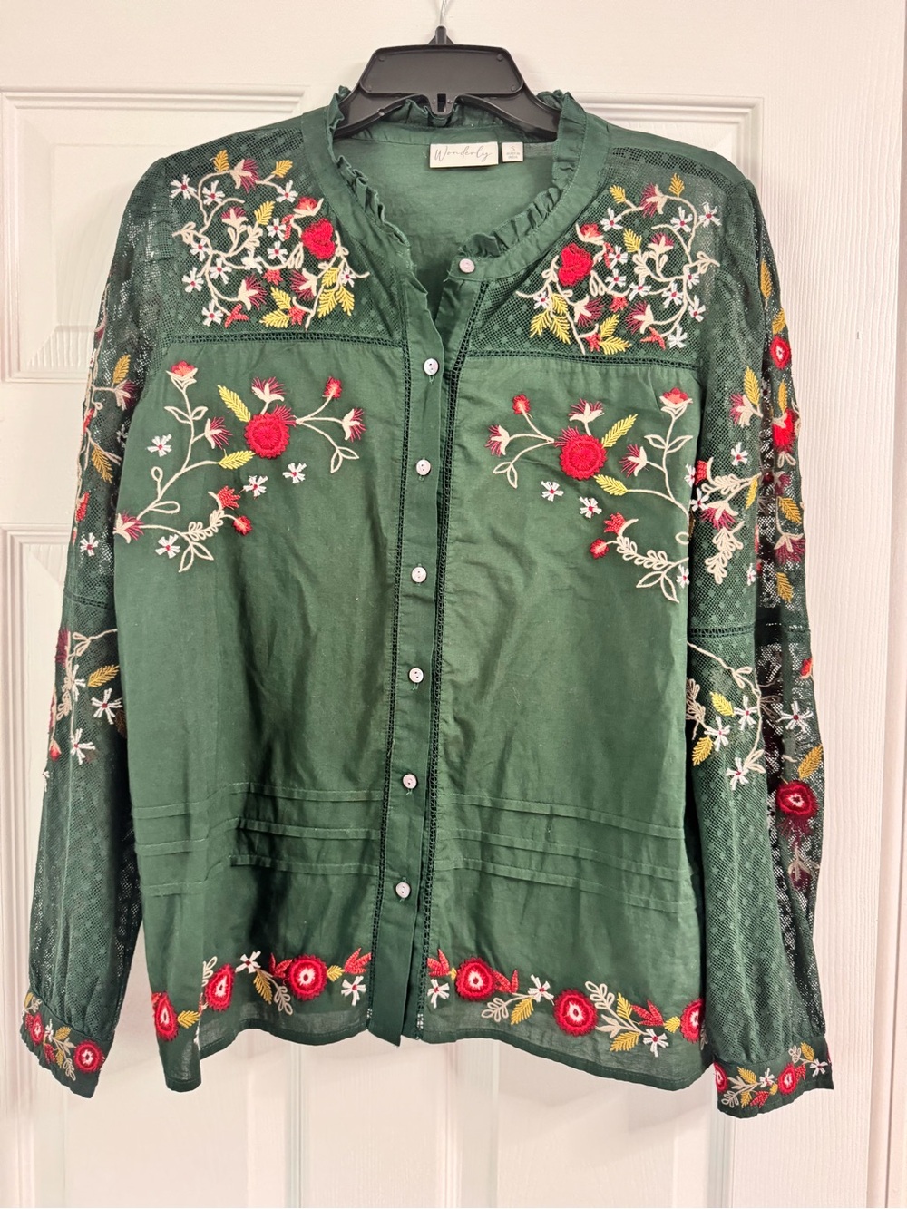 Embroidered Forest Green Button-Front Blouse with Floral Detail